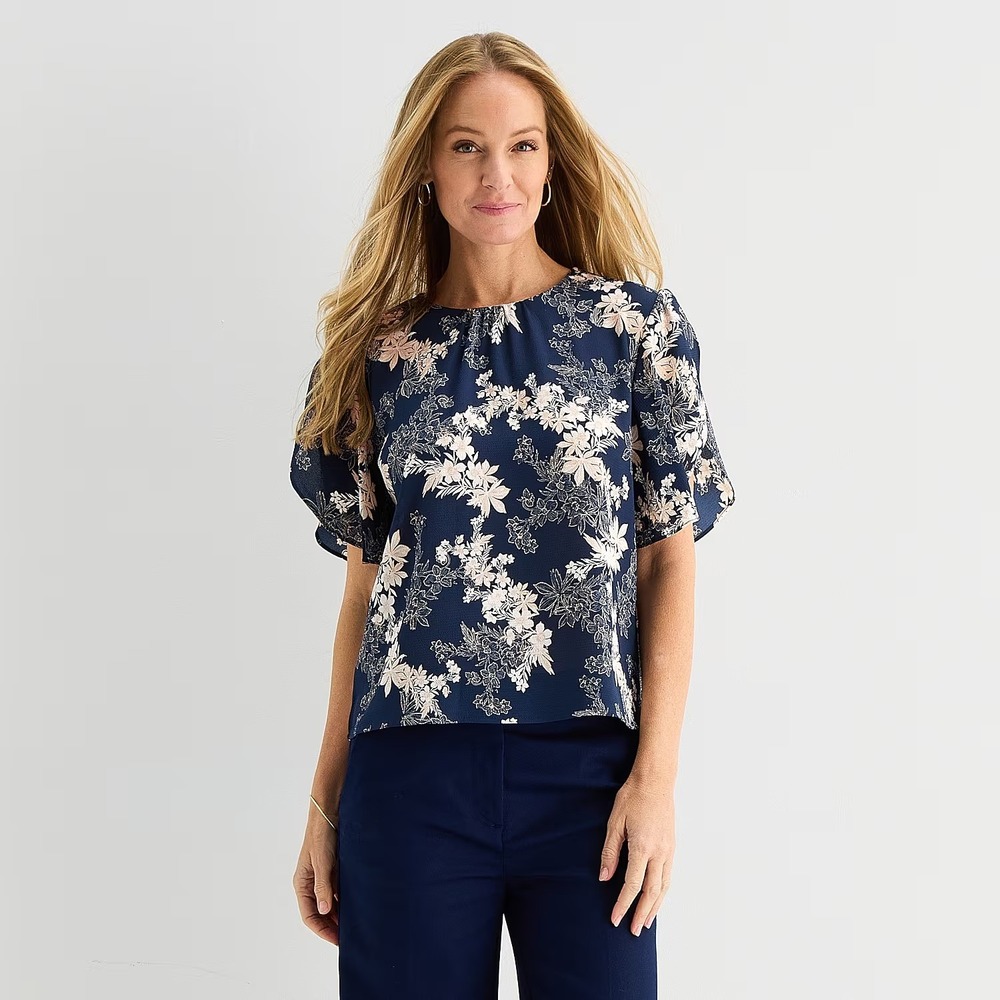 MSRP $48 Liz Claiborne Womens XL Tall Navy Flowers Short Sleeve Blouse U Neck